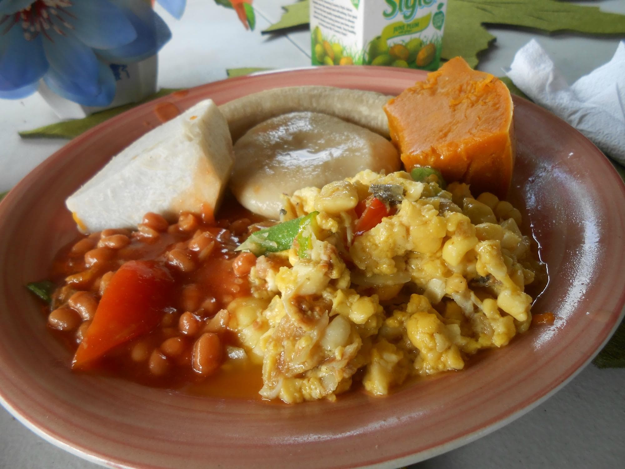 Ackee, pumpkin, dumpling, green banana and beans...YUM!