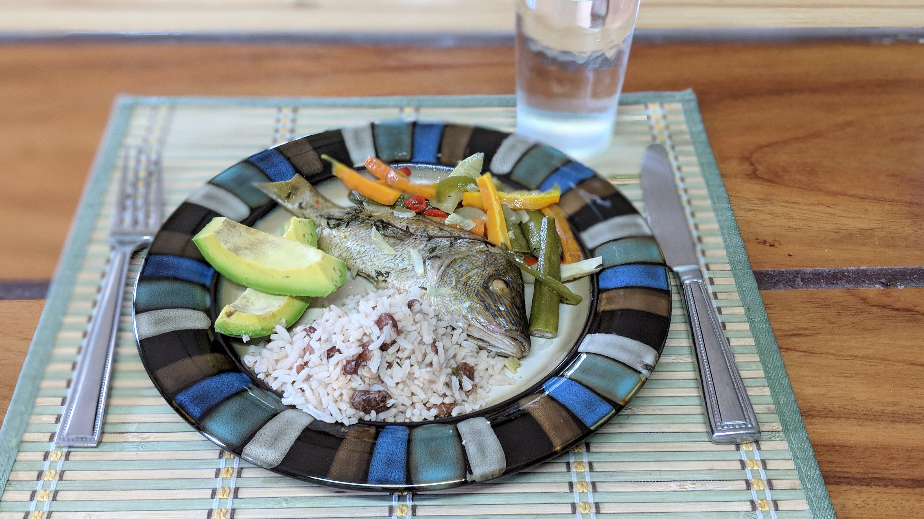 Fresh steamed snapper, with happy home grown vegetables.