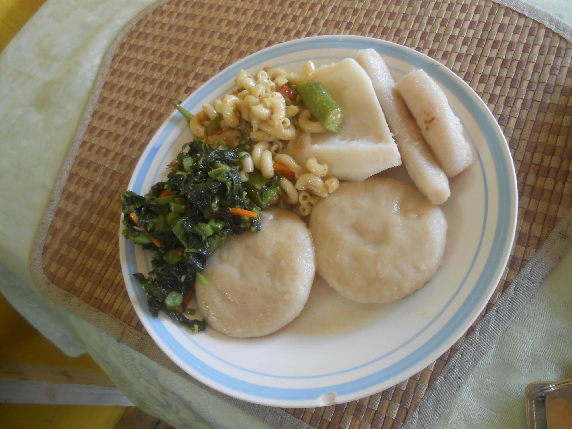 Callaloo, pasta with fish, dumplings...really tasty.
