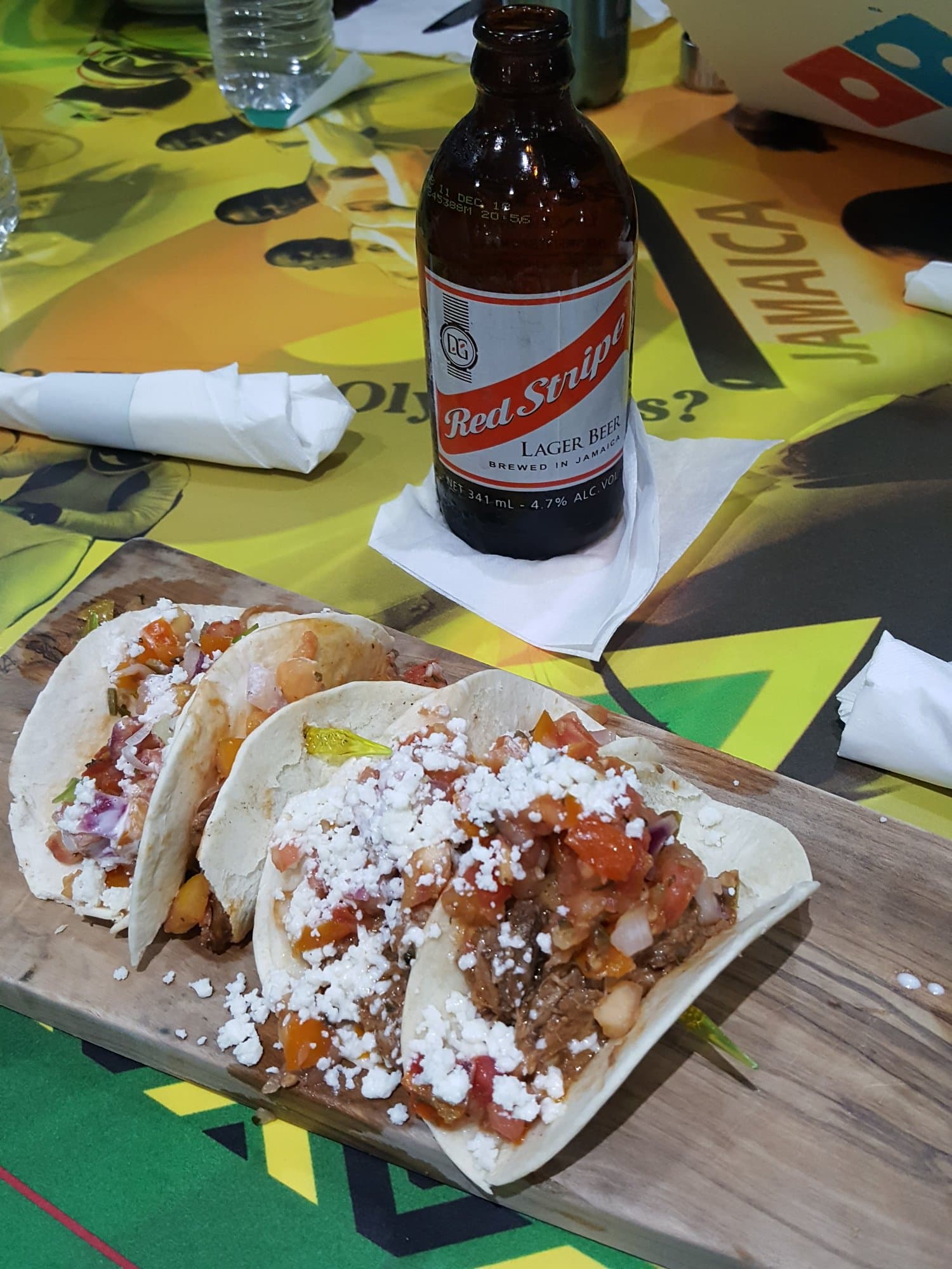 Jerk Pork Tacos and a Red Stripe