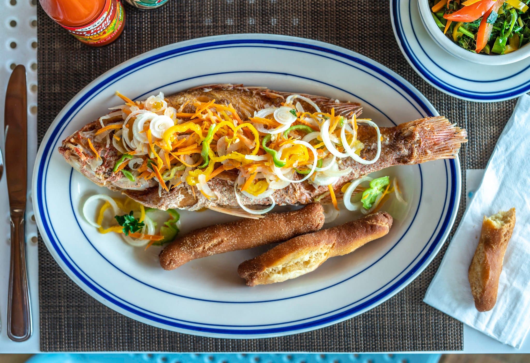 Whole Fried Escoveitch Snapper served with Festival