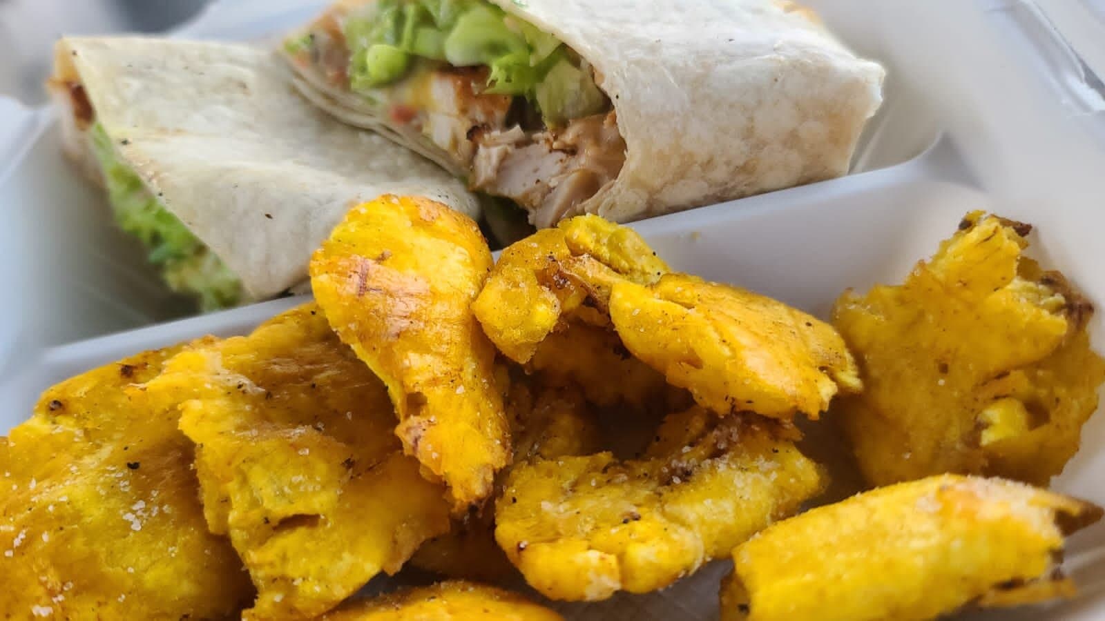 Grilled chicken Wrap & Pressed Green Plantain.